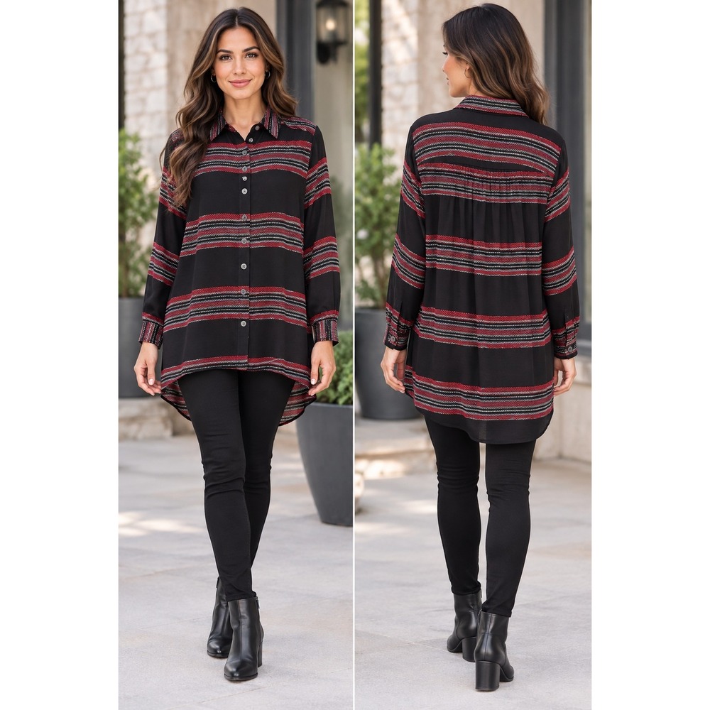 Intro 1X Black Red Striped High Low Tunic Blouse Button Front Boho Plus Size